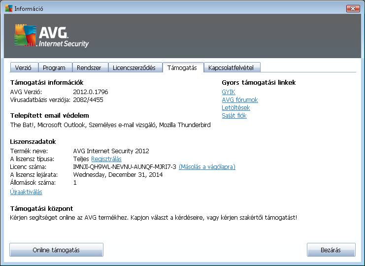 14. Gyakori kérdések és muszaki támogatás Ha az AVG Anti-Virus 2012 termékkel kapcsolatban bármilyen értékesítési vagy technikai problémája van, több módon is segítséghez juthat.