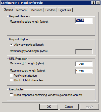 A WEB PROXY A TMG-BEN 8.15 ÁBRA - (URL Protection) Maximum Query Length (Bytes): Az URL-ben a lekérdezéshez használt kérdőjel (?) utáni hossz korlátozása.