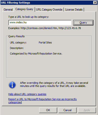 A WEB PROXY A TMG-BEN Ez a tesztelés az, ami elérhető a második, Category Query fül alatt.