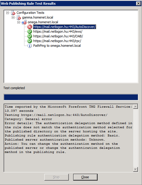 KIT ÉS HOGYAN ENGEDÜNK BE? következő ábrán az Outlook Anywhere publikáló szabály tesztelése (és persze így az ehhez passzoló virtuális mappák is) látható. 9.