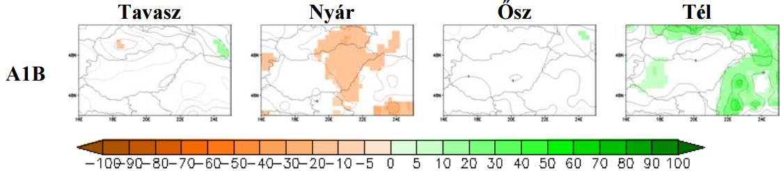 16. számú ábra. Várható csapadékváltozás (mm/hónap), 2021 2050 (referencia-időszak: 1961 1990) [123] A 16.