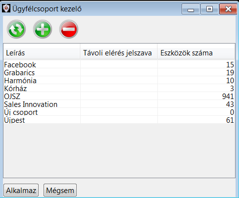 Csak azokat a bejegyzéseket lehet törölni, amelyeket még nem rendelt hozzá egy ügyfélhez sem. 3.22 Ügyfélcsoportok Az ügyfélcsoport kezelő segítségével csoportosíthatja a távfelügyelet ügyfeleit.