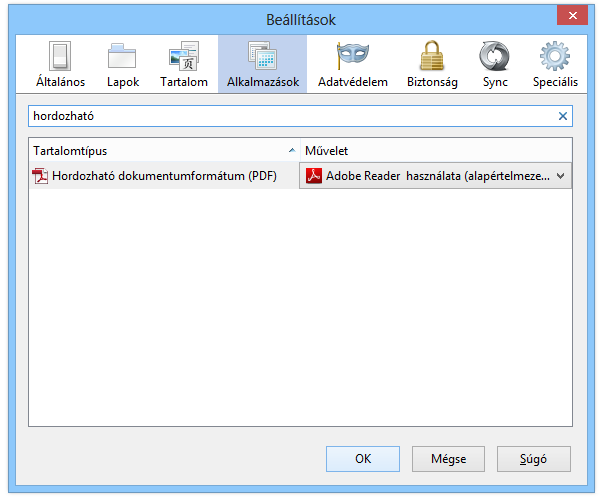 A MŰVELETEK oszlopban megjelenő legördítő sávból válassza ki az Adobe Reader használata (alapértelmezett) pontot.