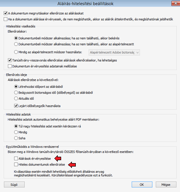 A megjelenő ablakban az Együttműködés a Windows rendszerrel dobozban, pipálja be az Aláírások érvényesítés és a Hiteles