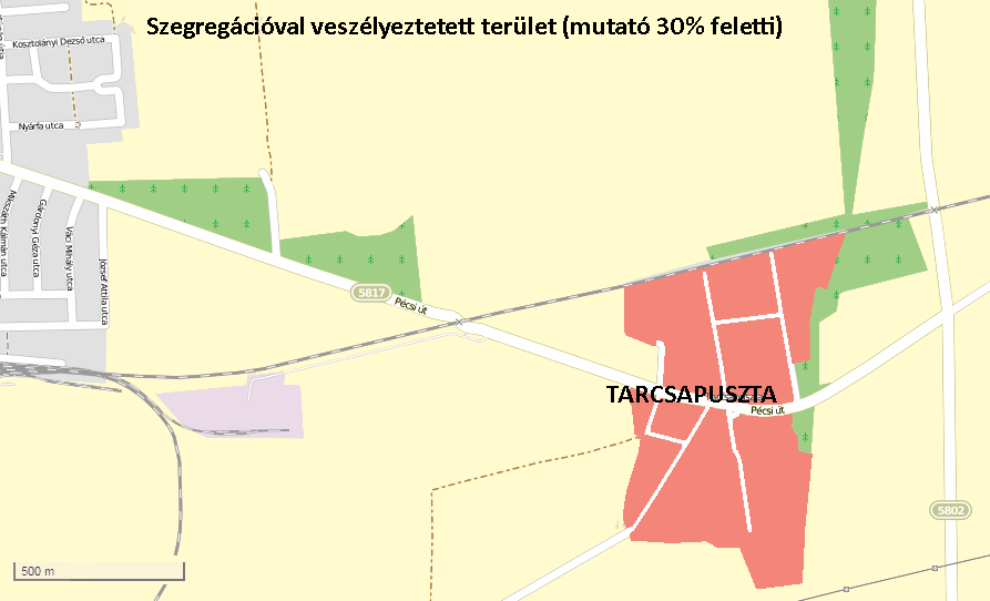 ábra: Szegregációval veszélyeztetett terület *Saját szerkesztés, mert KSH külterületet nem ábrázol A helyzetfeltárásban megtörtént a területek társadalmi és szociális és foglalkozatási helyzetének