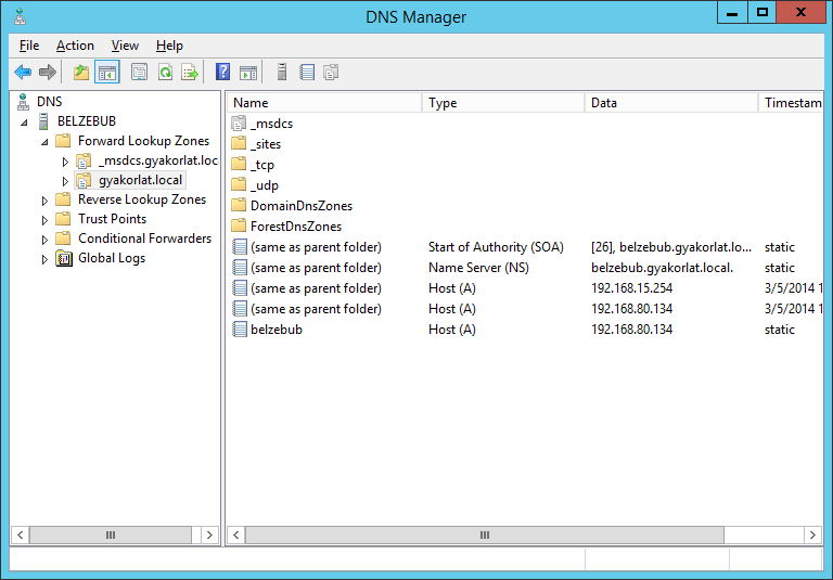 2.Tartomány, DNS, NAT, DHCP (Johanyák Zsolt Csaba) Nézzük meg a gyakorlat.local zónát. Bár a kiszolgáló ismeri a 192.168.15.254-es címet, de a belzebub névhez elsődlegesen a 192.168.80.