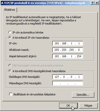 A hardvereszközök, az alkalmazások beállításai, hálózati konfiguráció 101 IPv4 beállítások a szerverek esetén Kiszolgáló számítógépek estén általában nem javasolt az automatikus IP konfiguráció,