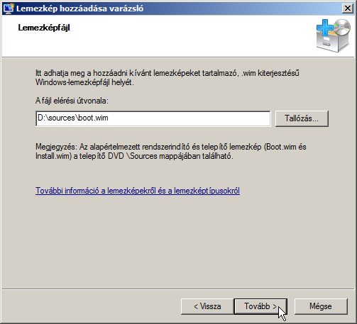 226 Tömeges telepítés gombra kattintva ki kell jelölni a telepíteni kívánt operációs rendszer (ebben az esetben Windows 7) telepítő lemezén a Sources mappában található boot.wim fájlt.