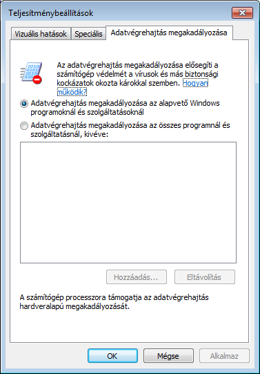 A hardvereszközök, az alkalmazások beállításai, hálózati konfiguráció 67 A teljesítménybeállítások adatlap utolsó lapja az adatvégrehajtás megakadályozása (Data Execution Prevention DEP) egy olyan