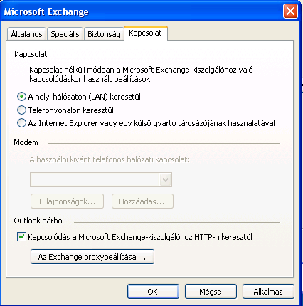 5. Az ezt követően megjelenő ablakban kattintson a Kapcsolat fülre, és pipálja ki a Kapcsolódás a Microsoft Exchange-kiszolgálóhoz HTTP-n keresztül cellát.