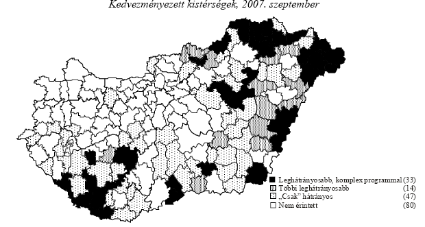 17. ábra. Kedvezményezett kistérségek, 2007. szeptember Forrás: FALUVÉGI A. TIPOLD F.: A területfejlesztés kedvezményezett térségeinek 2007.