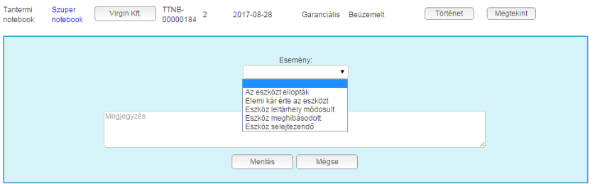 az esetben, ha az adtt feladatellátási hely több eszközkategóriával is rendelkezik. A lista képernyő sraiban találhatóak az eszközök.