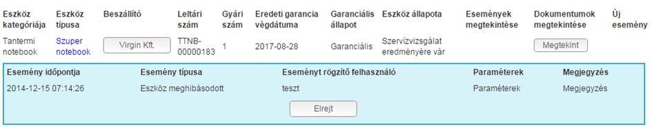 Az egyes eszköz események és a hatásukra létrejövő eszköz állaptk leírása a következő alfejezetekben kerültek összefglalásra.