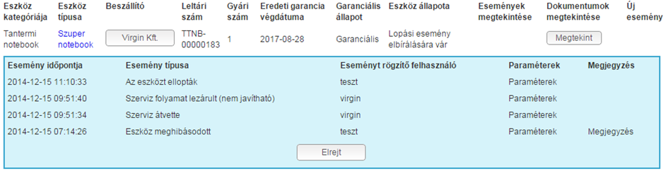 Eszköz esemény Eszköz állapta 0. Beüzemelt 1. Intézmény: Eszköz selejtezendő Selejtezés esemény elbírálására vár 2a. Educati: Eszköz selejtezés validálva Üzemképtelen 2b.