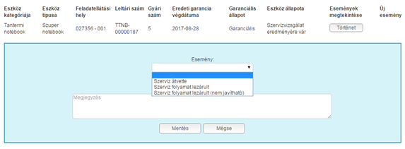 - Az Új esemény gmbbal lehet rögzíteni új eseményeket. A gmbkra kattintva az adtt eszköz alatt külön keretben jelennek meg az infrmációk.