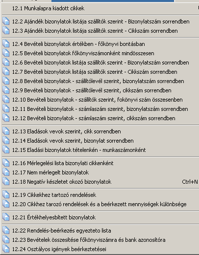 Listák, Konszignációs listák menüpont E g y é b 241. ábra Egyéb listák Az egyéb menüpontban a munkalapra kiadott bizonylatokról kérhetünk listát.