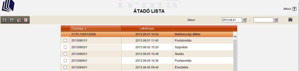 8.3. Átadó listák Az érkeztetés, iktatás, szignálás során keletkezett átadások, értesítések egy-egy azonosítóval tárolásra kerülnek, mely a későbbiek során bármikor listázható.