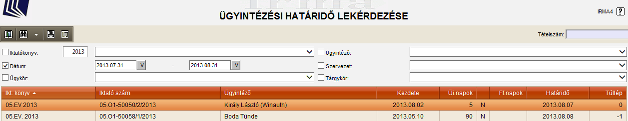 6.3. Ügyintézési határidők lekérdezése Hátralékos lista Az ügyintézők még el nem intézett ügyeinek lekérdezése lehetséges ezen a menüponton keresztül, Hátralékos iratok névvel szokták illetni.