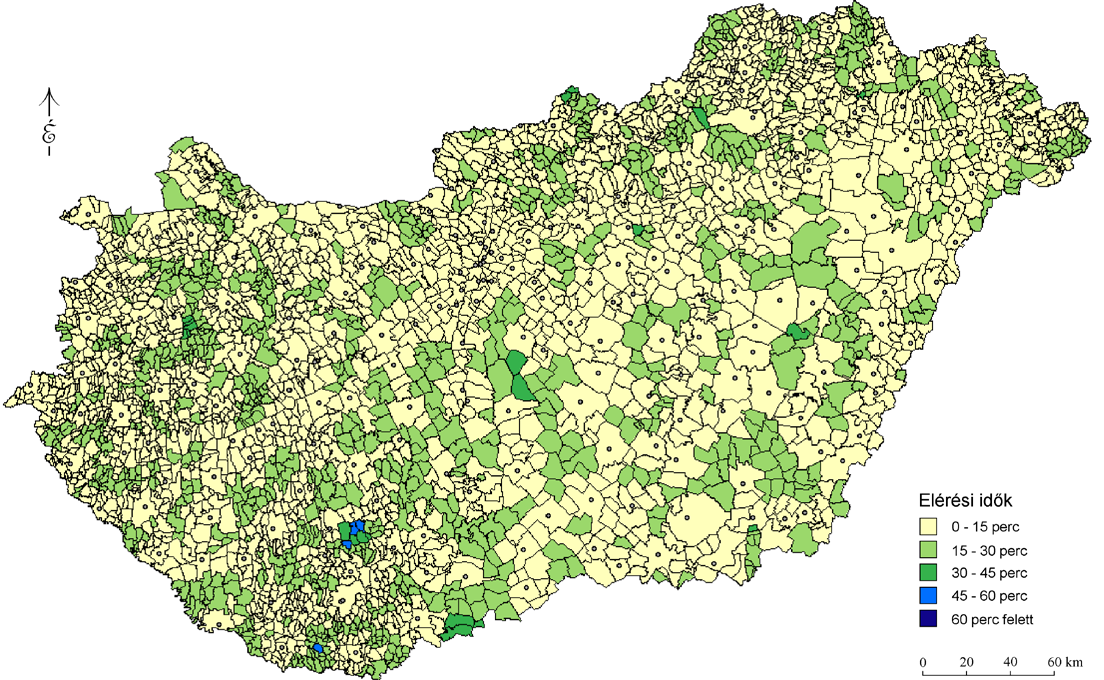 A hazai mentőellátás területi optimalizációjának geoinformatikai megközelítése településeknél figyelhetőek meg (1. ábra).