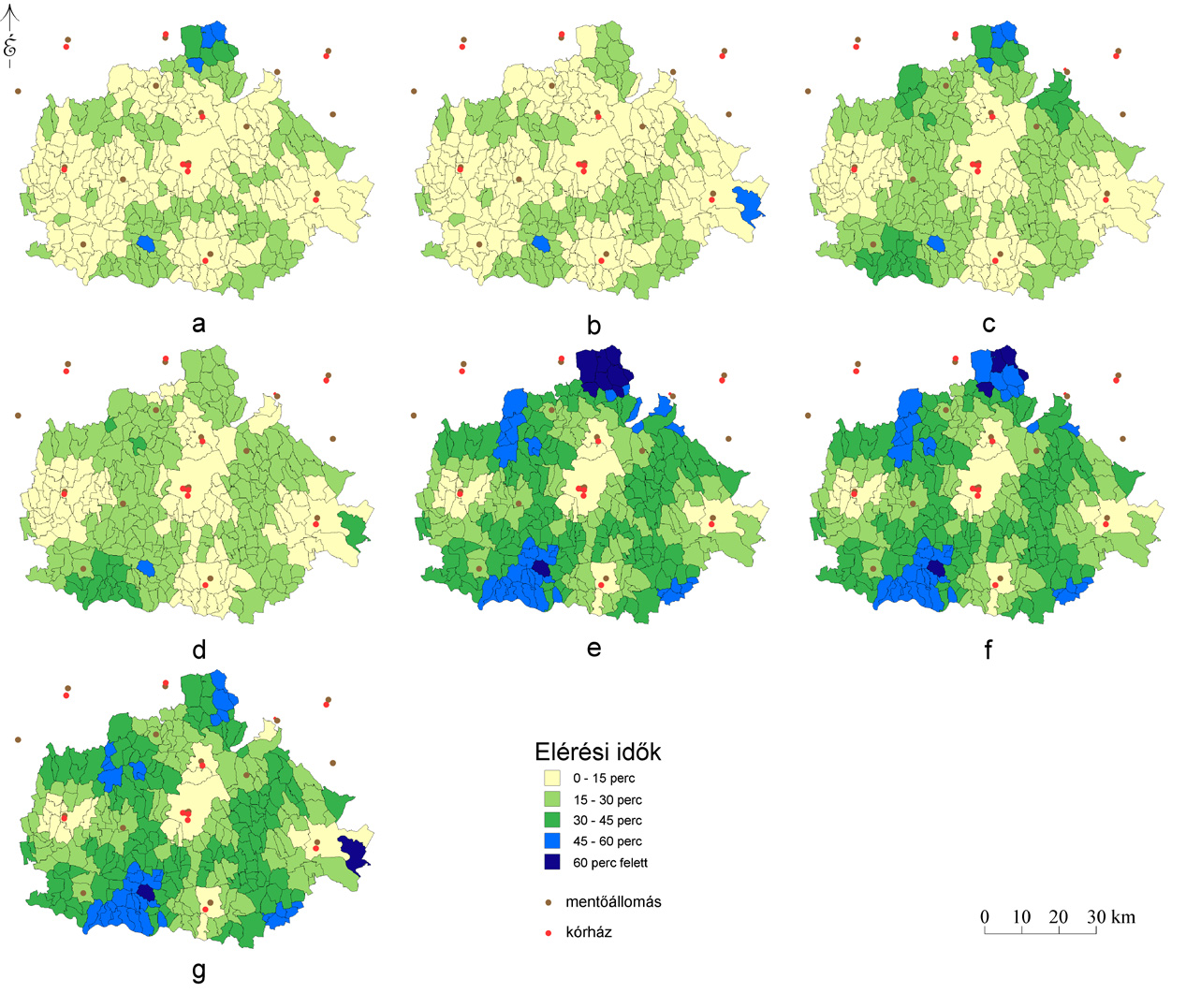 Forrás: a szerzők szerkesztése van kapcsolatuk, tehát itt már lesznek elérési idők (3. ábra). Az utakon kiszámolt elérési időkből következtetünk interpolálással a többi terület kiérési idejére.