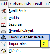 Lépjen be a WinPA Postázó szoftverbe és bérmentesítse le a rögzített tételt. Ehhez kattintson a Fájl/Távoli kliensek levelei opcióra (2.).