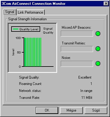 3Com Launcher bejelentkező képe A 3Com AirConnect Connection Monitor folyamatosan tájékoztatja a felhasználót hogy mekkora adatátviteli sebességen üzemel a vezeték nélküli csatolókártya az elérési