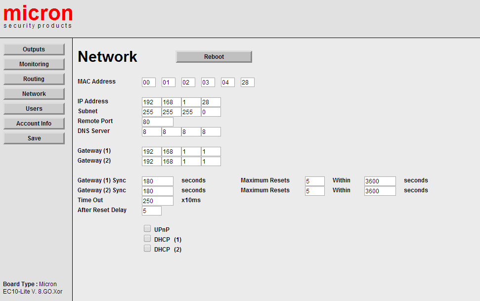 Hálózat (Network) Fül MAC Address (MAC Cím) Ha több EC-10 Lite egység van ugyanazon a helyi hálózaton, akkor minden egységnek egyedi MAC címe kell legyen.