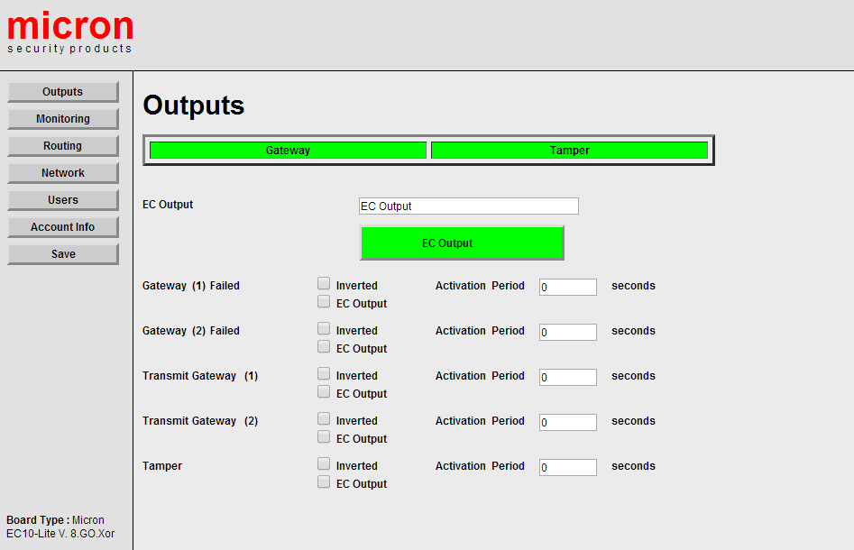 Kimenetek (Outputs) Fül A Kimenet tab lehetővé teszi az egység kimeneti programozását és, hogy megnézze az egység állapotát.