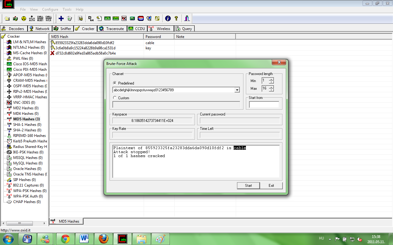 Példa egy MD5 Hash visszafejtésére: Először generáltam egy kitalált szóból egy MD5 Hash-t. Természetesen egyszerű, rövid szót találtam ki, hogy a brute-force törés ne tartson sokáig. 1.