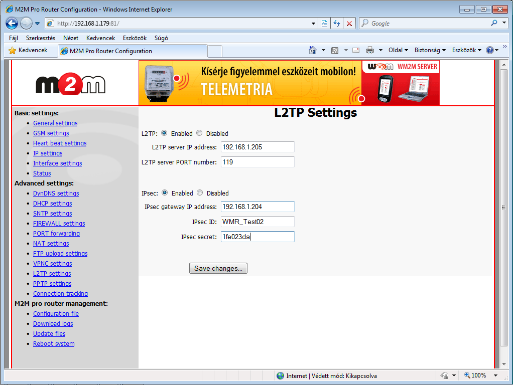 IPsec (enabled / disabled) IPsec titkosítás (engedélyezve / tiltva) IPsec gateway IP address IPsec gateway címe (a VPN hálózat ezen a címen lesz elérhető) IPsec ID IPSec csoport név/azonosító IPsec