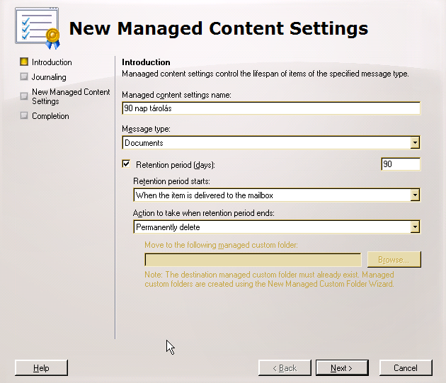 EDGE Transport, HUB Transport szerverek 6.49. ÁBRA CONTENT SETTINGS HOZZÁRENDELÉSE A MENEDZSELT FOLDERHEZ Az elkészült menedzselt folderhez illendő content settings hozzáadása is.