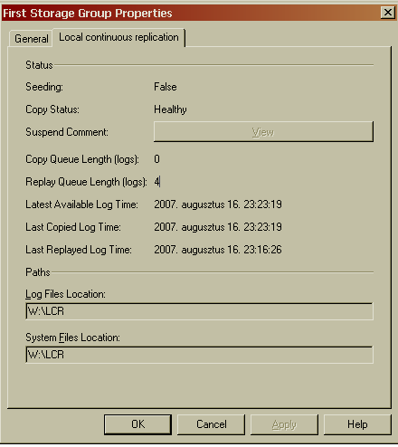 EXCHANGE 2007 - SPONTÁN 7.15. ÁBRA A STORAGE GROUP TULAJDONSÁGLAPJÁN OTT VIRÍT EGY ÚJ ÉRTÉK A 7.14 ábrán az adatbázis helyzetérzékeny menüjét látjuk. Igen, kibővült két lehetőséggel.