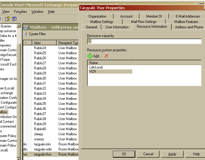 KEZELŐI felületek 5.31. ÁBRA EGYEDI TULAJDONSÁGOK AZ ERŐFORRÁSJELLEGŰ POSTAFIÓKOKON 44 Ami mindegyiknél van: a resource capacity mező. Ide írhatjuk be, hány ember fér el a helyiségben.