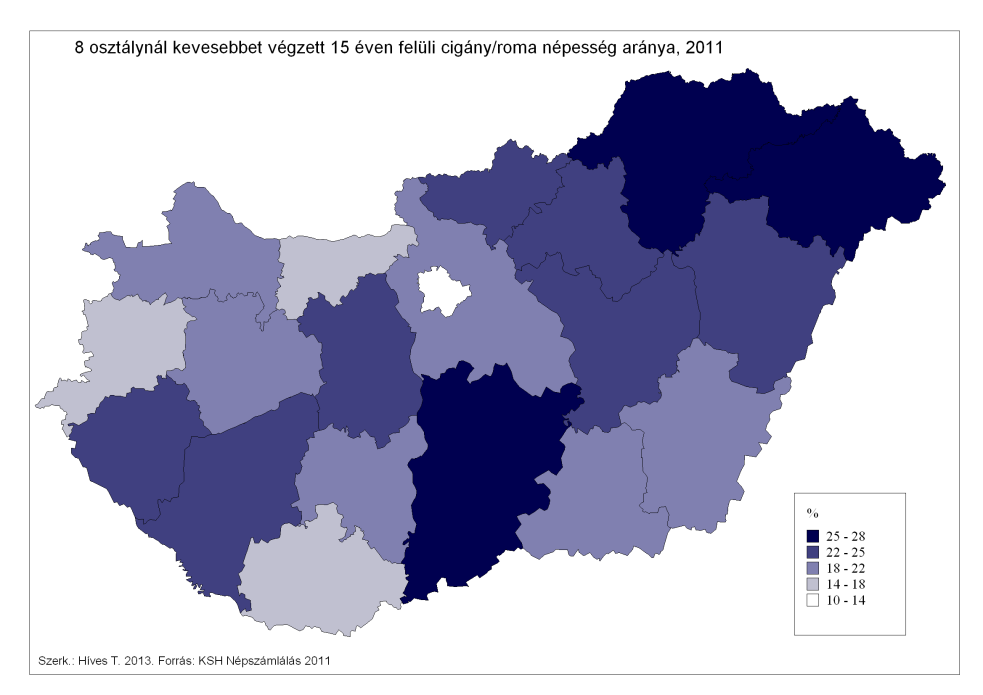1. térkép A megyék között ötszörös területi különbség mutatkozik az érettségivel rendelkező roma népesség arányában.