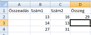 14. dec. 3. hét 2.2. Adatkezelés, adatfeldolgozás, információmegjelenítés TÁBLÁZATKEZELÉS SOR, OSZLOP, CELLA Alapműveletek Összeadás Gépeljük be a megadott adatokat!