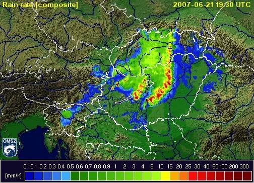 A kék a frontot (felhőzetet) jelenti, a zöld az esőt a sárga és a piros a zivatargócokat (jégesővel)!