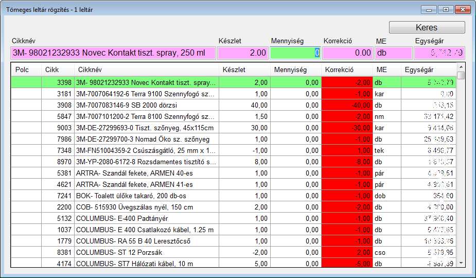 XII. Kereskedelmi modul (verzió 4.0.8) 32. oldal 2014.11.26. Tömeges rögzítés: a beállítások alapján legenerált leltár lista tömeges rögzítése.