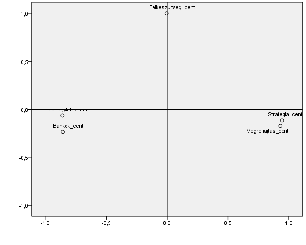 Az első komponens erősen pozitívan korrelál azokkal az állításokkal, amelyek a vállalat kockázatkezelési stratégiáját, illetve annak végrehajtását értékelik, és erős negatív korrelációt mutat azzal,