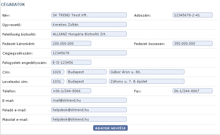 Ajánlatszámok 3.3.1. Cégadatok A cégadatok almenüpontban a rendszert használó biztosításközvetítő cég legfontosabb adatait kell rögzíteni.