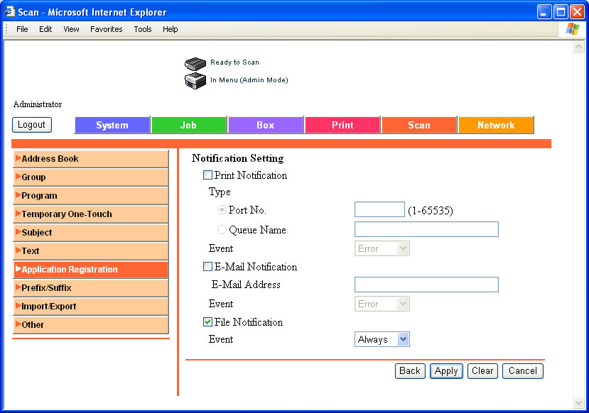 5 Beállítások megadása PageScope Web Connection használatával Notification Setting (Értesítési beállítás) Elem Leírás Print Notification Válassza ki, hogy legyen-e értesítés a nyomtatásról. Port No.