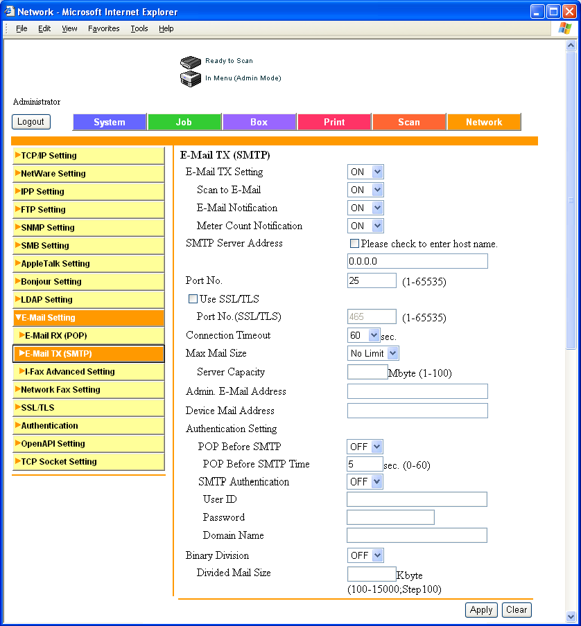 Beállítások megadása PageScope Web Connection használatával 5 E-Mail TX (SMTP) Adja meg az e-mail küldés beállításait.