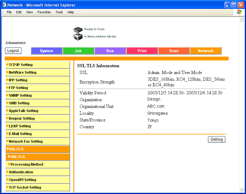 5 Beállítások megadása PageScope Web Connection használatával 5.31 SSL/TLS Adja meg az SSL/TLS beállításokat.