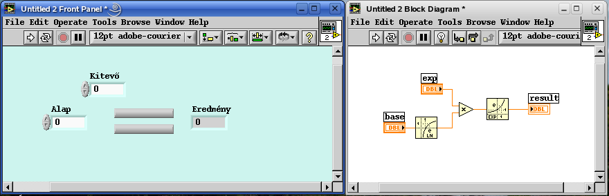 Kössük tehát össze a kitevő ln alap eredmény=e képletnek megfelelően a 'Block Diagram'-on elhelyezett elemeinket.