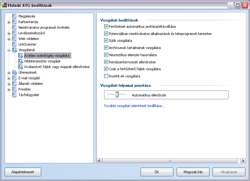 Vizsgálati beállítások A Vizsgálati beállításokrészen a vizsgálati paraméterek listáját találhatja, melyeket tetszolegesen be- és kikapcsolhat: Fertozés automatikus javítása/eltávolítása - ha vírust