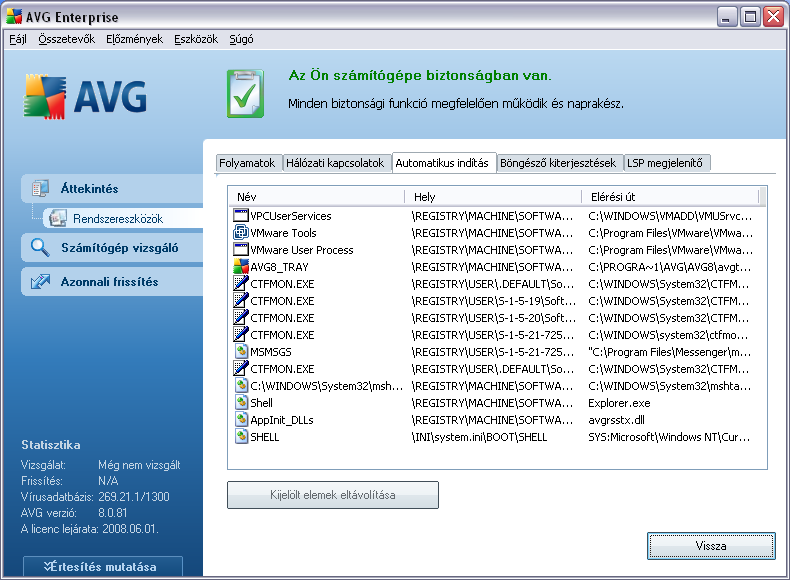 8.5.3. Automatikus indítás Az Automatikus indításpanel megjeleníti az összes olyan alkalmazást, mely a Windows rendszer indításakor elindul.