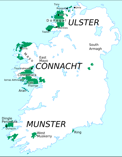 Az ír nyelv Írországban (2011) 4 370 631 főből 1 774 437 fő tud valamilyen szinten írül 66 238 fő a Gaeltacht területén (Cork, Donegal, Galway, Kerry, Mayo, Meath és Waterford megyékben) él.