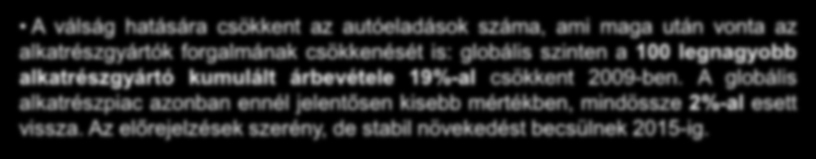 Következtetések Az autóalkatrész gyártók többsége visszaesést észlelt az eladások terén 2009-ben, a világválság és az autógyártás hanyatlása miatt.