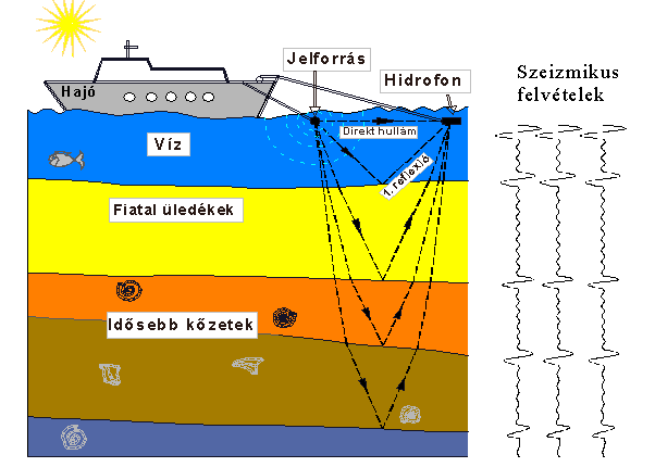 4.3. Geofizikai vizsgálati módszerek 83 vevőegységgel. Az egyenes egy pontján rezgést keltünk, és a geofonok jelét külön-külön csatornákon, alkalmasan megválasztott ideig regisztráljuk.