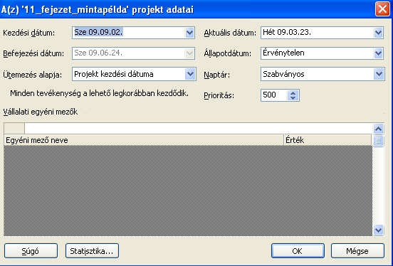 Állítsuk be a projekt kezdetét! (Projekt/Projekt adatai) Állítsuk be a munkanaptárat!