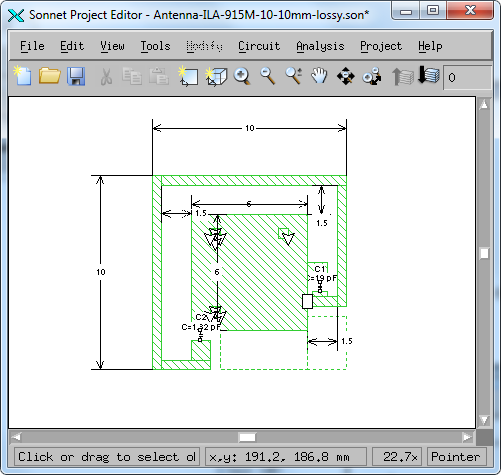 3. ábra. 40x40 mm PCB 2,4 GHz antenna impedancia a Smith diagramon Az antenna nyereségeket, az energia mérleget, a beltéri és kültéri hatótávolságokat a bevezetésben leírt paraméterek mellett a II.